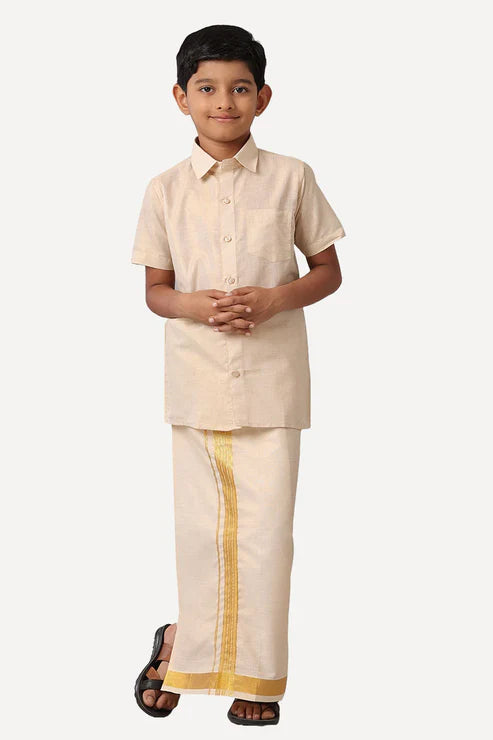 Vaibhav - Copper Orange Tissue Shirt and Dhoti 2 in 1 Set For Kids | Uathayam - J1222