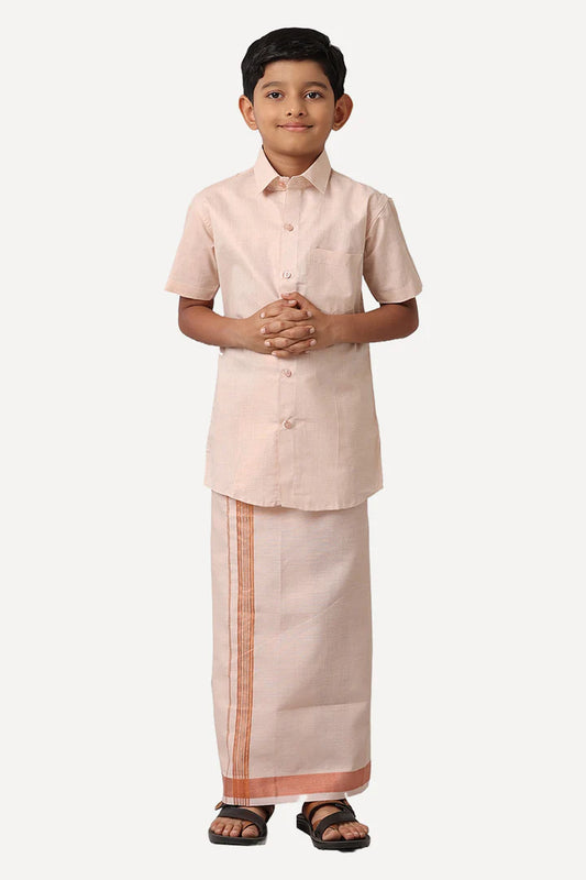 Vaibhav - Copper Orange Tissue Shirt and Dhoti 2 in 1 Set For Kids | Uathayam - J1222