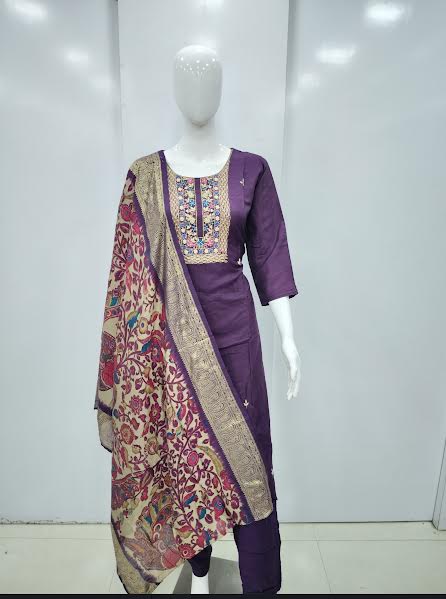 RAW SILK PATTERN SIDE OPEN 3 PIECE KURTI WITH NECK EMBROIDERY - J893